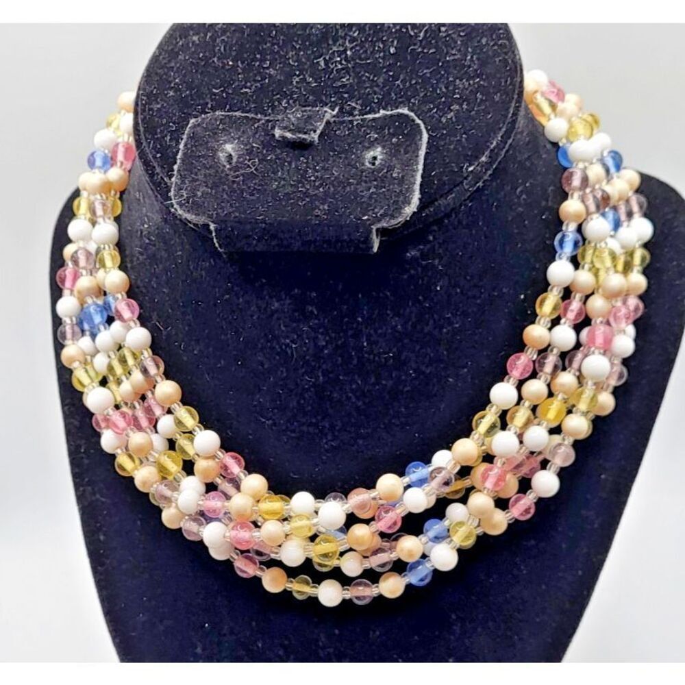 Vintage 50s Japan Multistrand Pastel Beaded Collar Necklace 17in